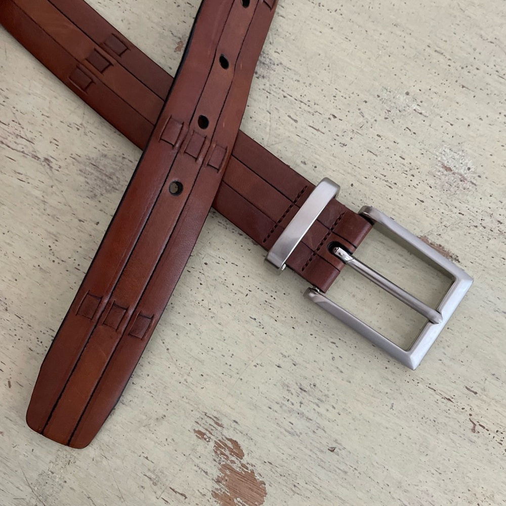Mezlan Made in Spain Woven Strips Leather Belt in Cognac Brown Size 42